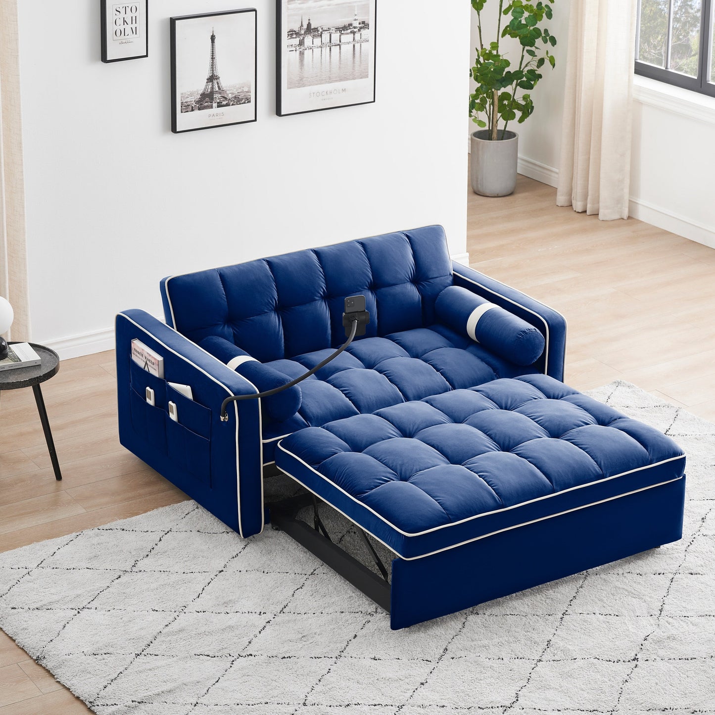 Canapé-lit convertible en velours de 139 cm (55 pouces) à 2 places avec lit escamotable, dossier inclinable, poches latérales et porte-téléphone.