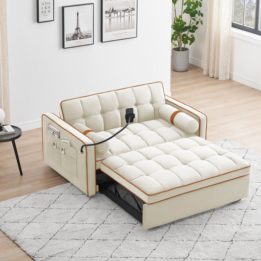 Canapé-lit convertible en velours de 139 cm (55 pouces) à 2 places avec lit escamotable, dossier inclinable, poches latérales et porte-téléphone.