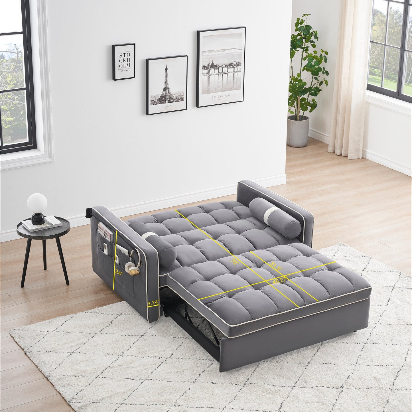 Canapé-lit convertible en velours de 139 cm (55 pouces) à 2 places avec lit escamotable, dossier inclinable, poches latérales et porte-téléphone.