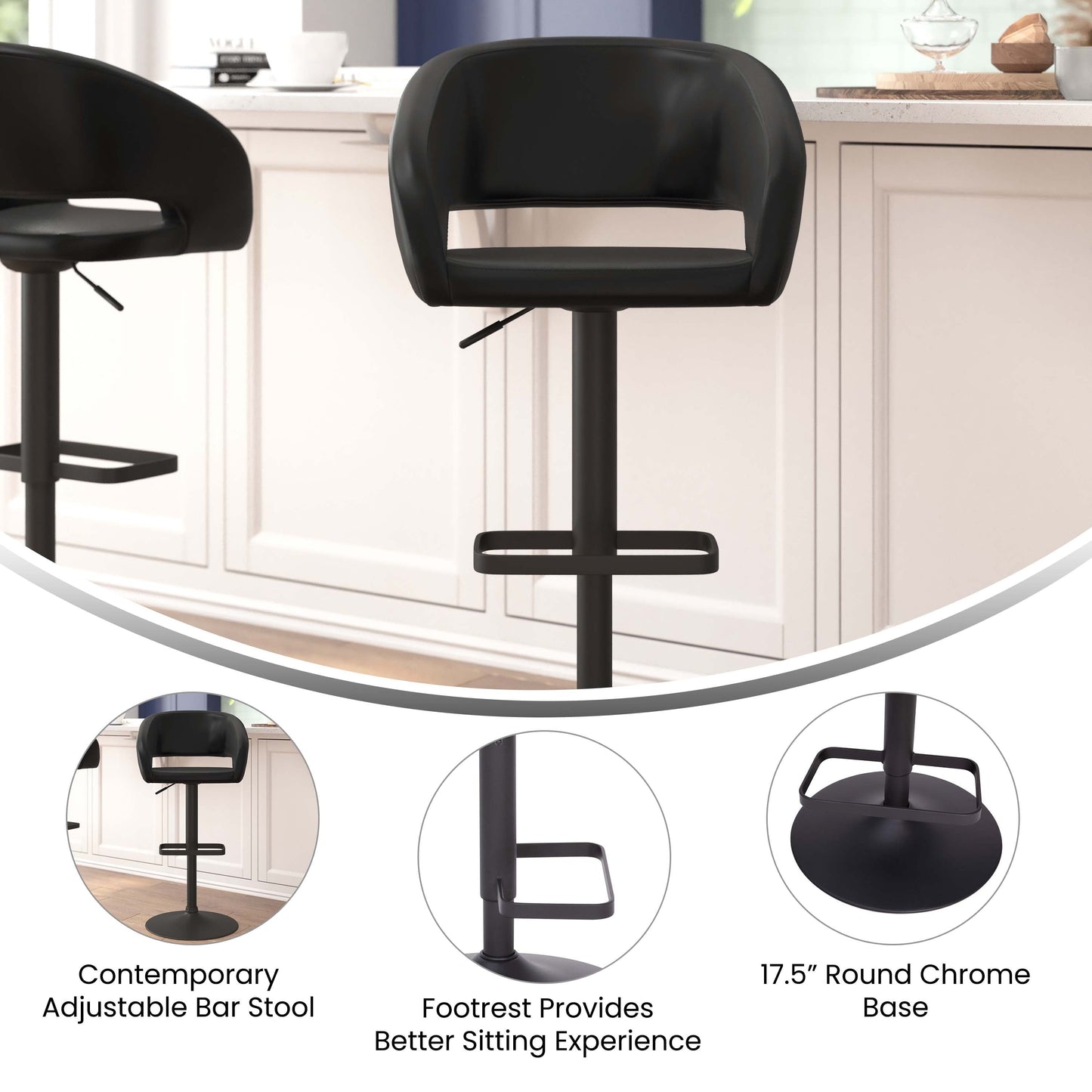 Tabouret de bar moderne rembourré et à hauteur réglable avec dossier arrondi