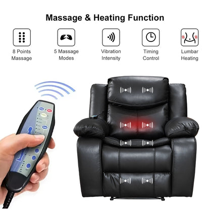 Fauteuil inclinable à large assise en cuir durable avec massage et chauffage.