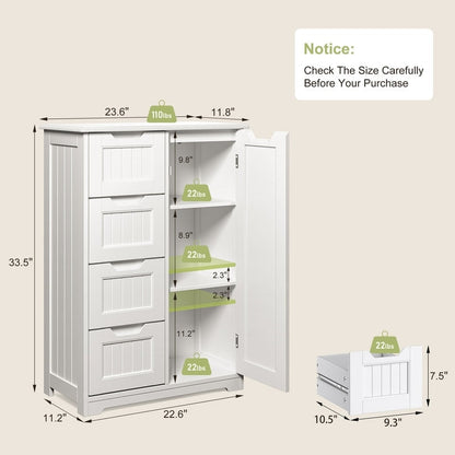 Meuble de rangement pour salle de bain, meuble de rangement au sol avec 4 tiroirs et étagère réglable