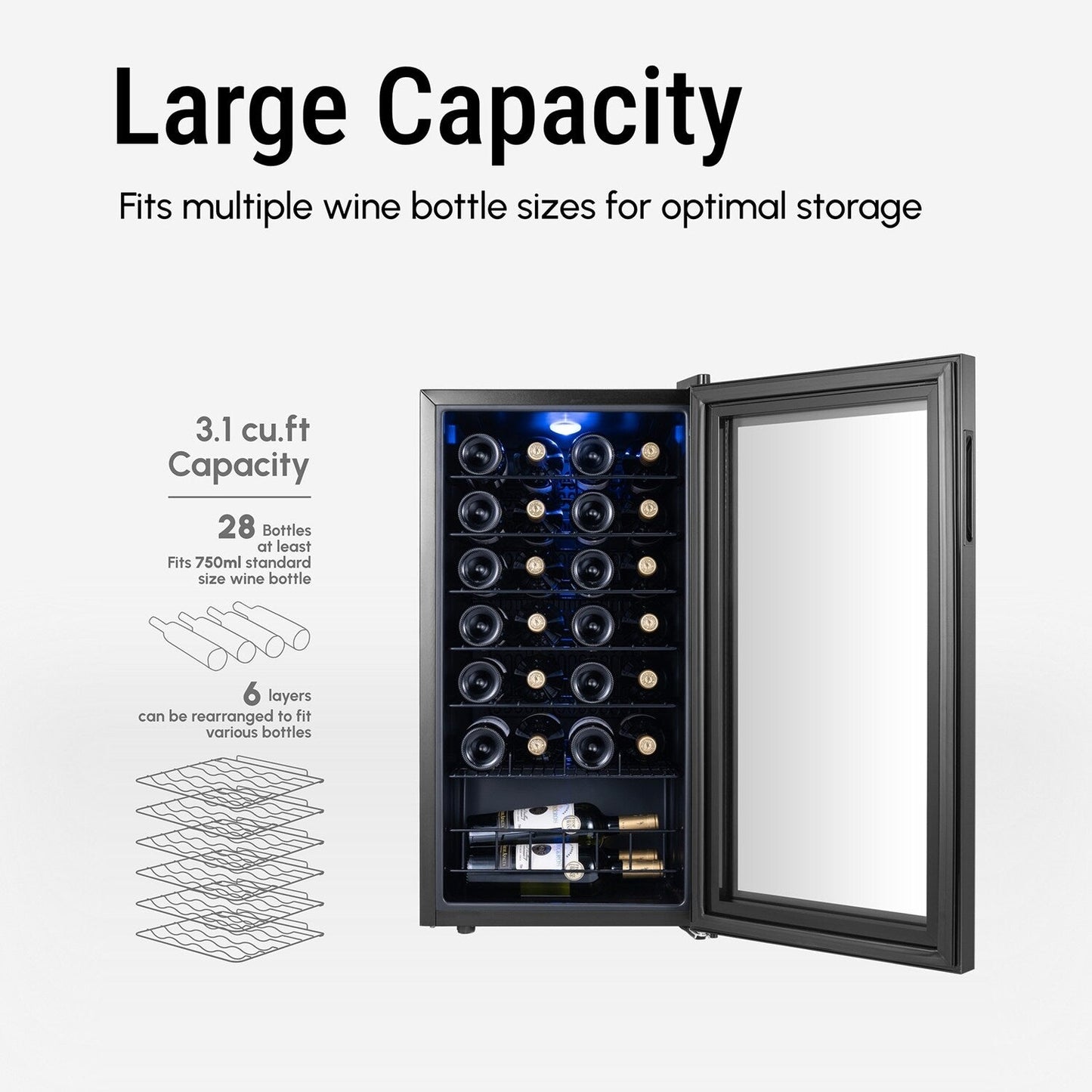 Réfrigérateur à vin/boissons de 17 pouces pouvant contenir 28 bouteilles, refroidisseur à vin en acier inoxydable pour usage domestique et commercial.