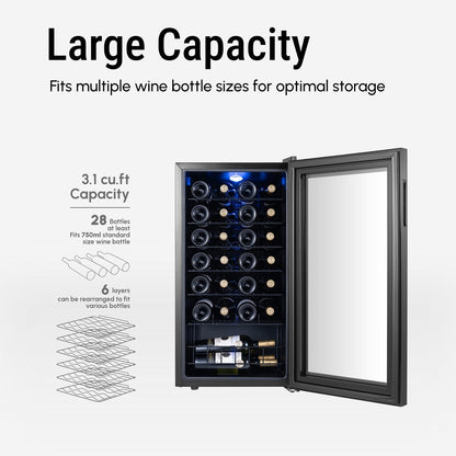 Réfrigérateur à vin/boissons de 17 pouces pouvant contenir 28 bouteilles, refroidisseur à vin en acier inoxydable pour usage domestique et commercial.